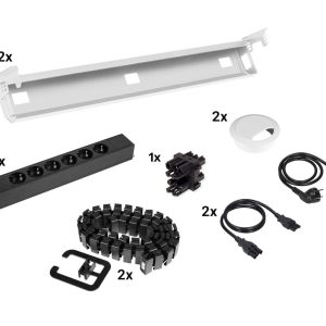 Kabelset voor duobureau – 2×6 stopcontacten + doorvoer + kabelslang – wit