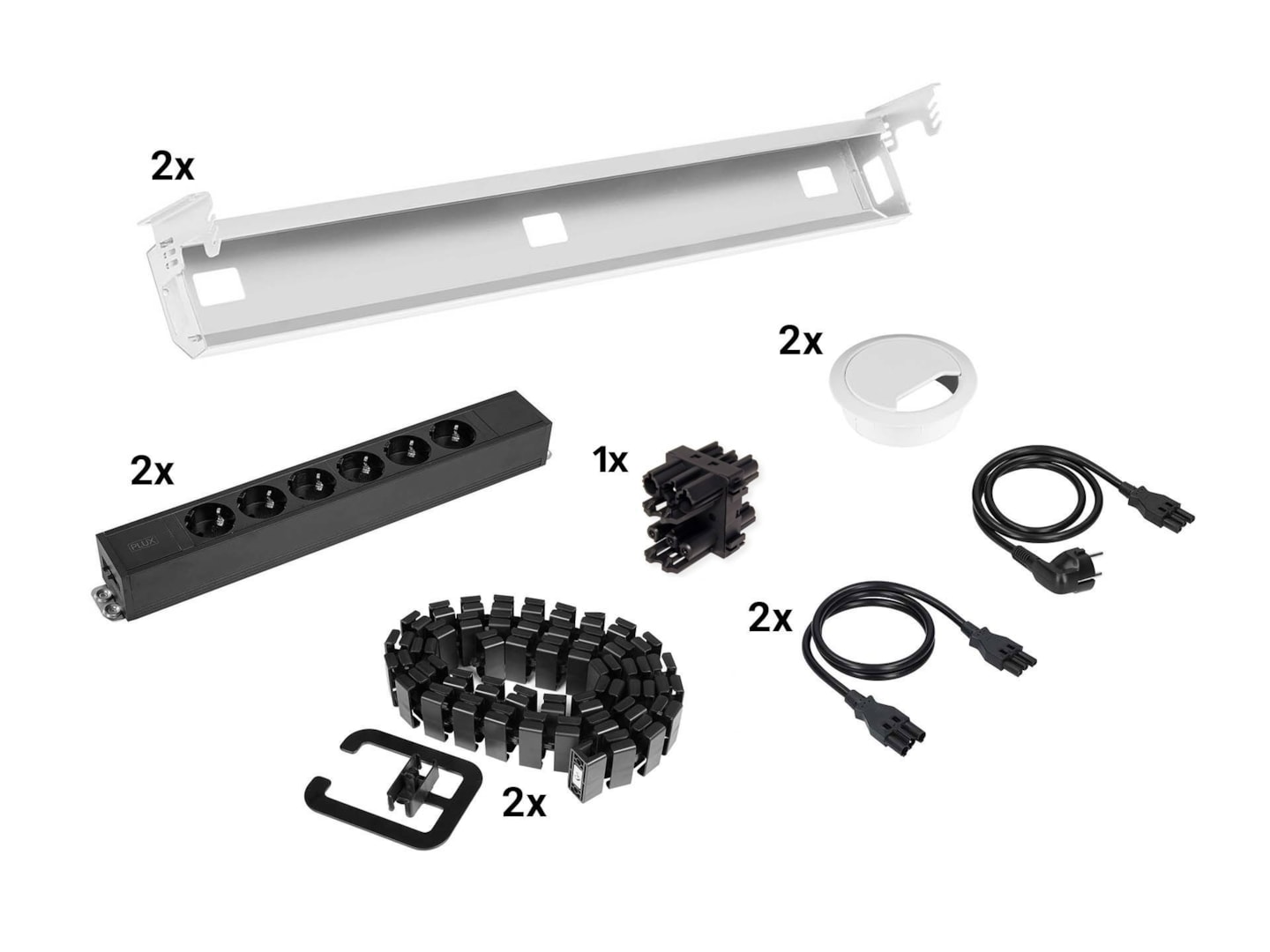 Kabelset voor duobureau – 2×6 stopcontacten + doorvoer + kabelslang – wit
