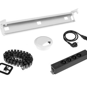 Kabelset voor zit-sta bureau – 4 stopcontacten + doorvoer + kabelslang – wit