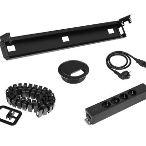 Kabelset voor zit-sta bureau – 4 stopcontacten + doorvoer + kabelslang – zwart