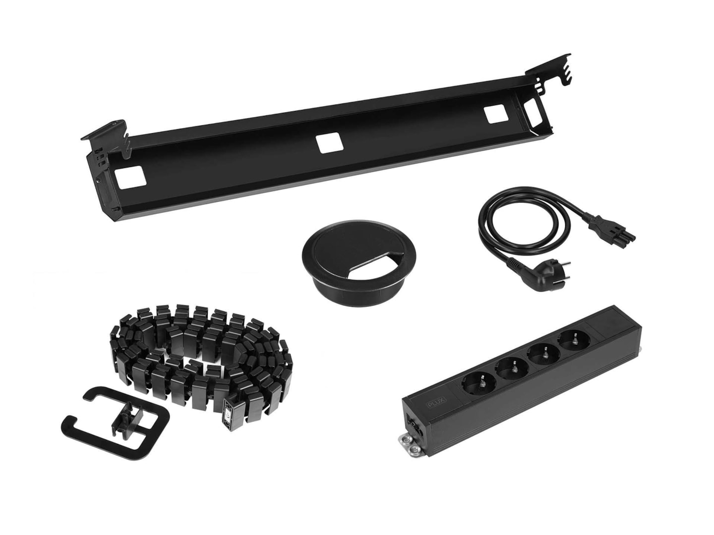 Kabelset voor zit-sta bureau – 4 stopcontacten + doorvoer + kabelslang – zwart