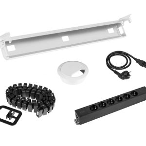 Kabelset voor zit-sta bureau – 6 stopcontacten + doorvoer + kabelslang – wit