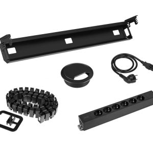 Kabelset voor zit-sta bureau – 6 stopcontacten + doorvoer + kabelslang – zwart