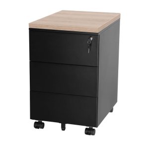 BLOC01 verrijdbaar ladeblok 3 laden zwart met topblad scandinavisch eiken