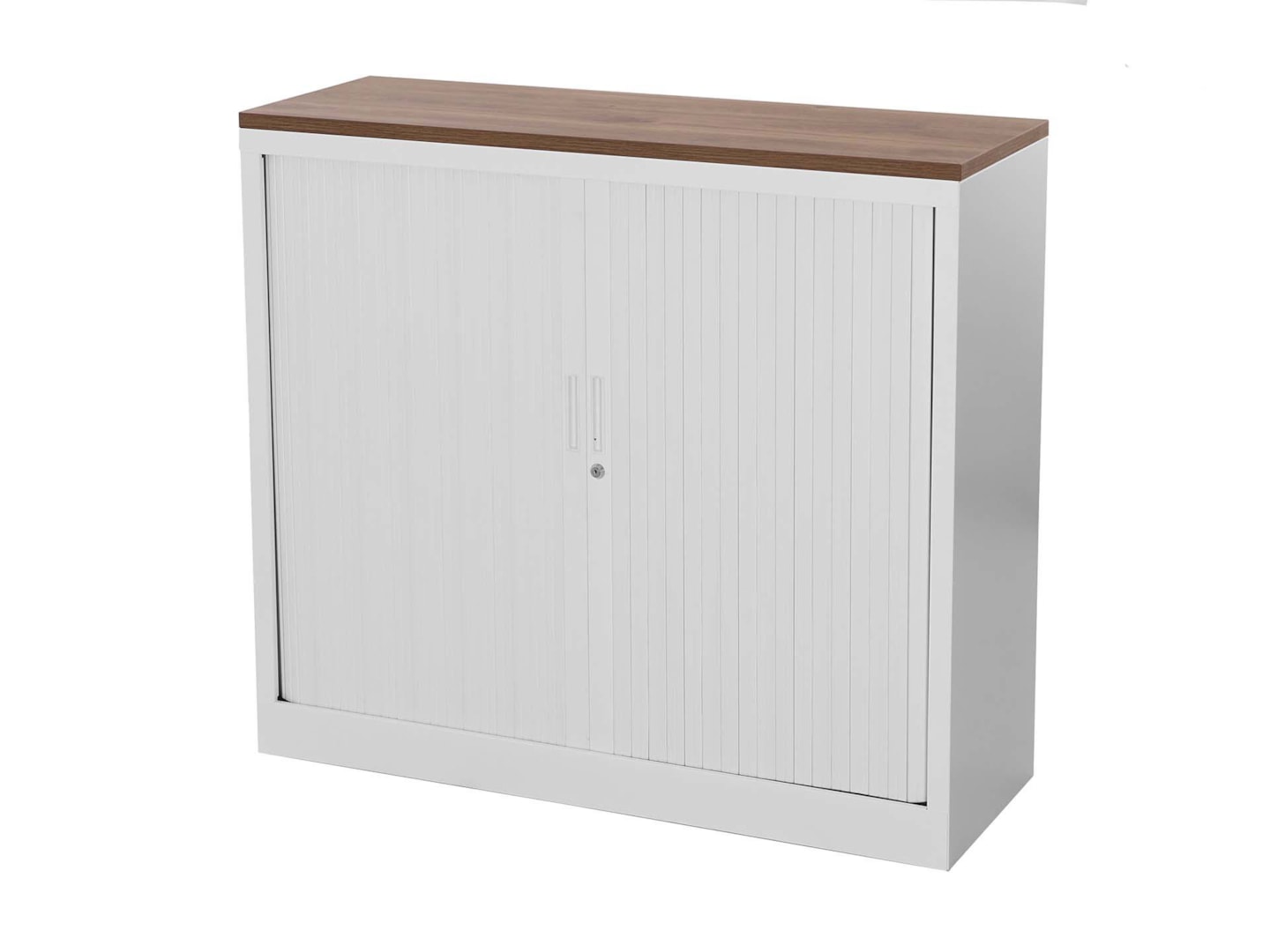 STOR roldeurkast 120×43×107,5 cm wit met topblad cognac walnoten
