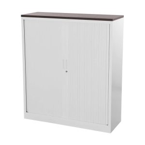 STOR roldeurkast 120×43×137,5 cm wit met topblad donker sepia
