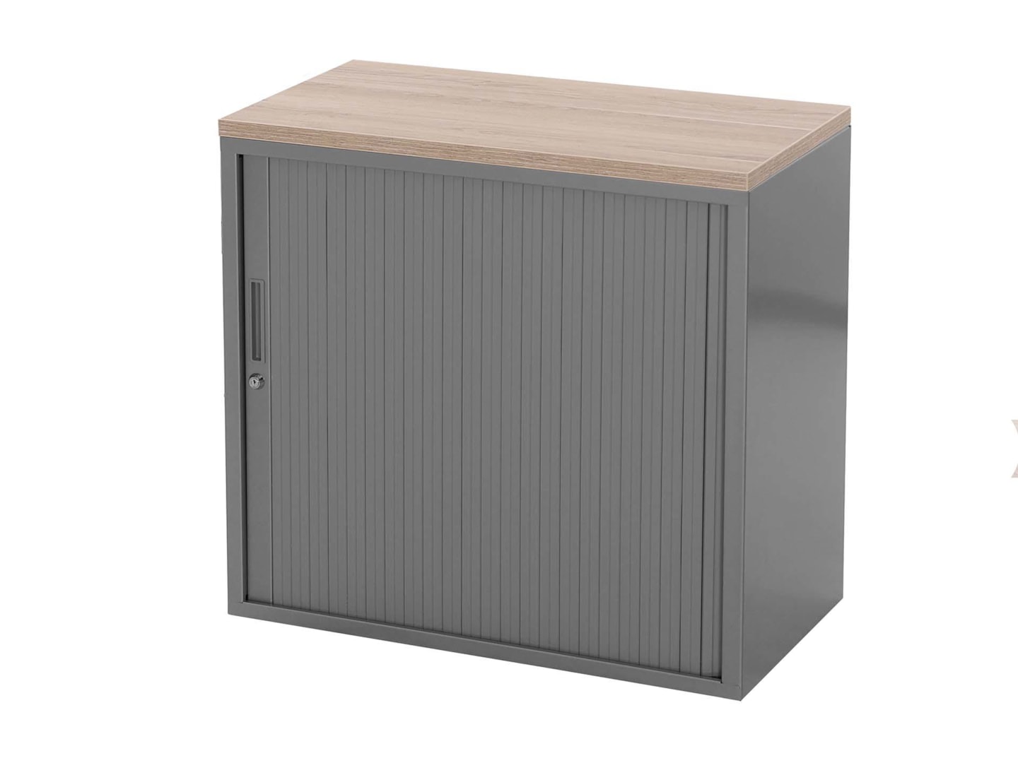 STOR roldeurkast 80×43×75 cm zilvergrijs met topblad scandinavisch eiken