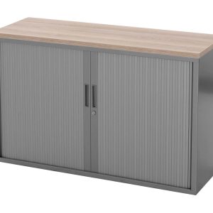 STOR roldeurkast 120×43×75 cm zilvergrijs met topblad scandinavisch eiken