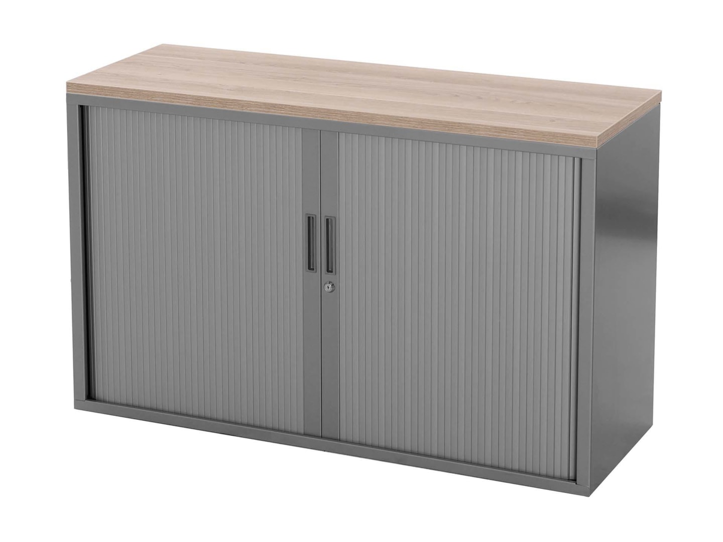 STOR roldeurkast 120×43×75 cm zilvergrijs met topblad scandinavisch eiken