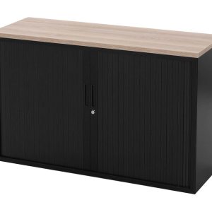 STOR roldeurkast 120×43×75 cm zwart met topblad scandinavisch eiken