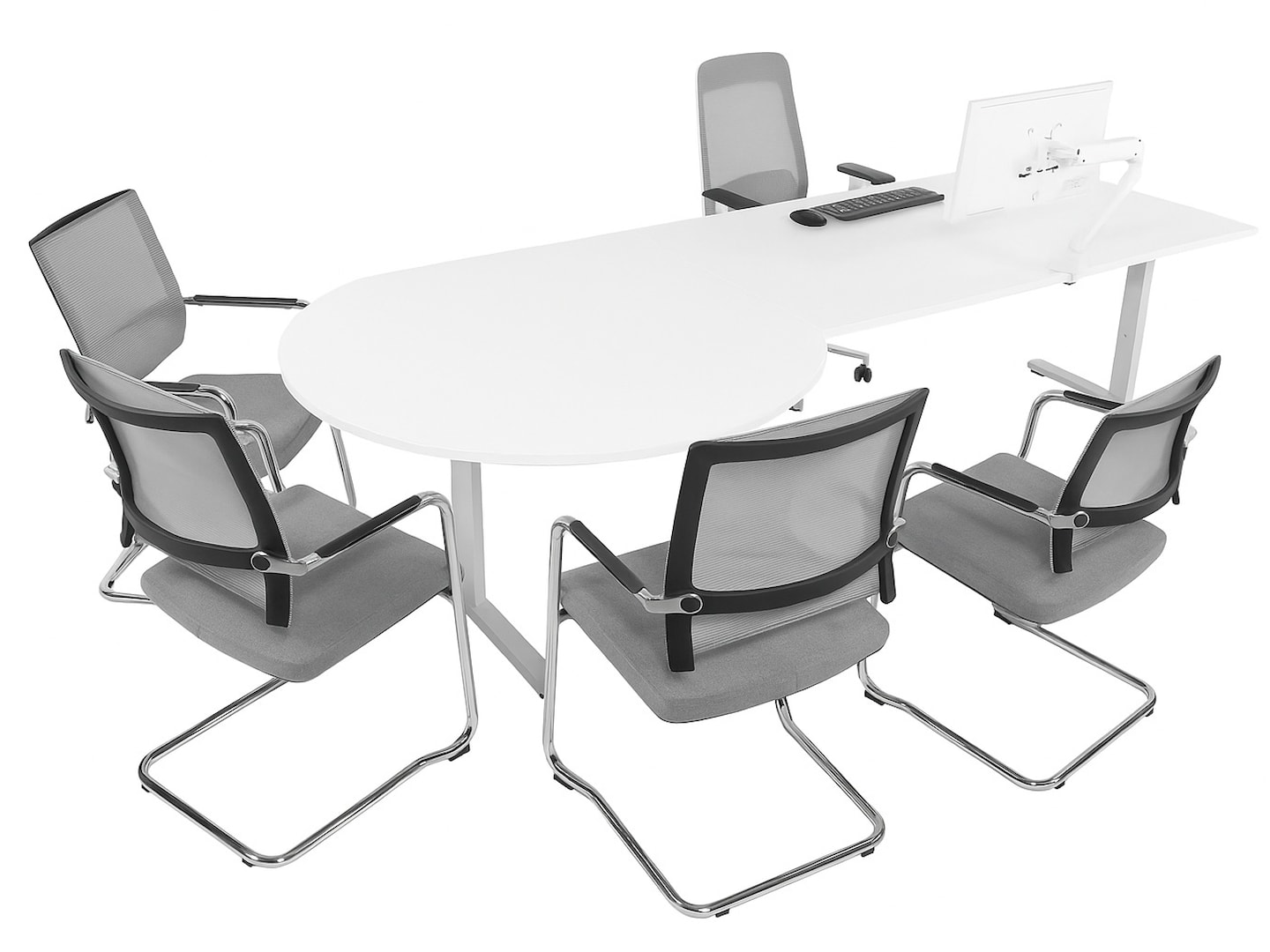 TUBE bureau met vergaderstuk 280×80–Ø120 cm wit zilvergrijs