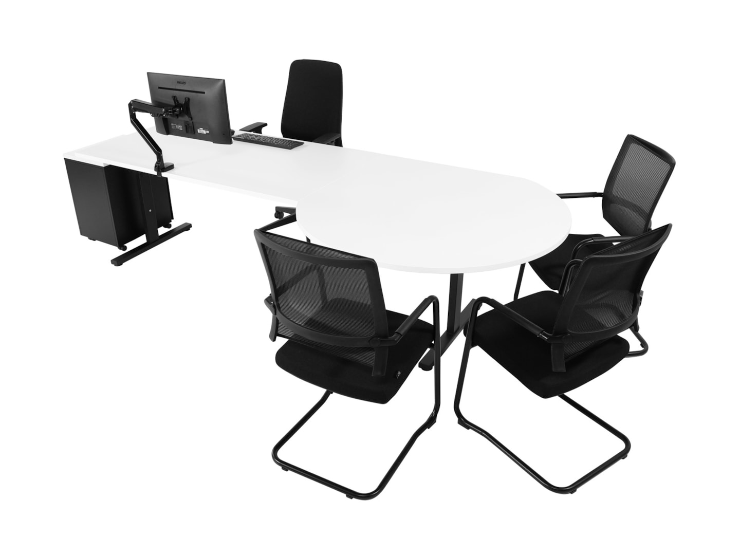 TUBE bureau met vergaderstuk 200×80–Ø120 cm wit zwart