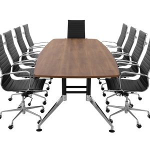 SIGN bootvormige vergadertafel 320x120 cm cognac walnoten zwart chroom; stoelen niet inbegrepen