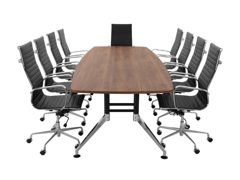 SIGN bootvormige vergadertafel 320x120 cm cognac walnoten zwart chroom; stoelen niet inbegrepen