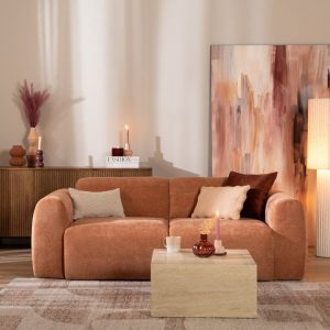2,5-zitsbank Maine in terracotta gemêleerde stof, sfeer- en detailfoto