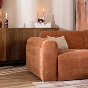 2,5-zitsbank Maine in terracotta gemêleerde stof, sfeer- en detailfoto