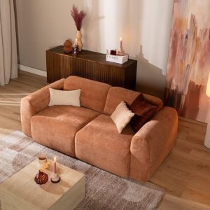 2,5-zitsbank Maine in terracotta gemêleerde stof, sfeer- en detailfoto