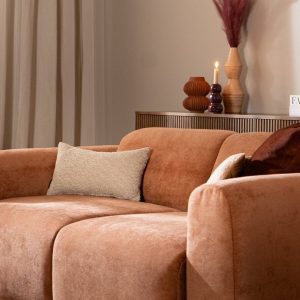2,5-zitsbank Maine in terracotta gemêleerde stof, sfeer- en detailfoto