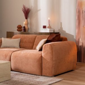 2,5-zitsbank Maine in terracotta gemêleerde stof, sfeer- en detailfoto