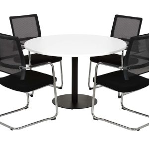 Raider ronde vergadertafel diameter 120 cm met wit blad en zwarte kolompoot, stoelen ter illustratie
