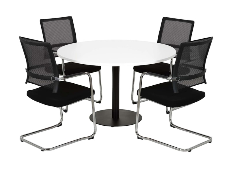 Raider ronde vergadertafel diameter 120 cm met wit blad en zwarte kolompoot, stoelen ter illustratie