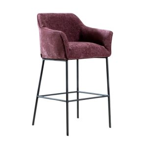 Barkruk Nubo in paarse chenille met armleuningen en zwart metalen frame