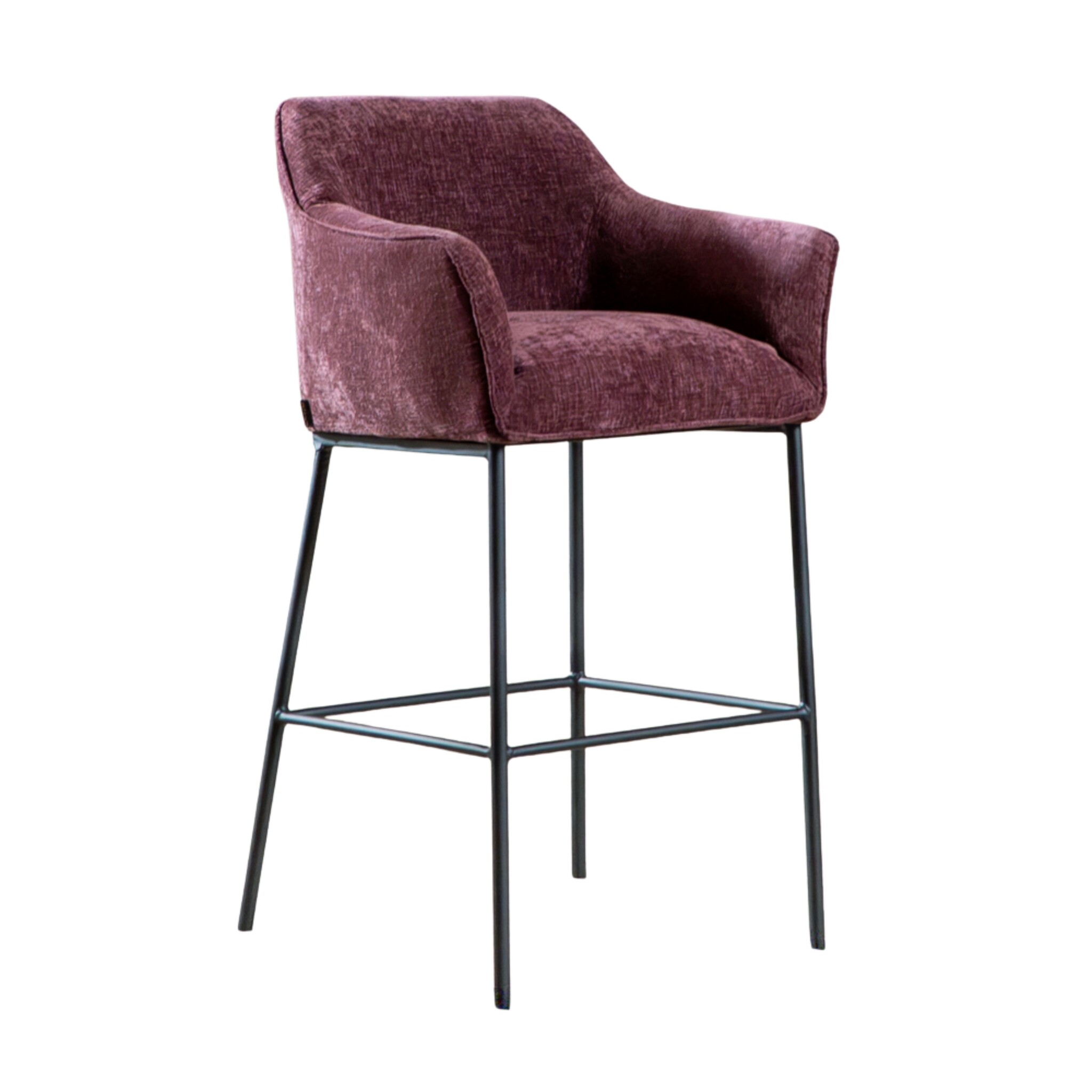 Barkruk Nubo in paarse chenille met armleuningen en zwart metalen frame