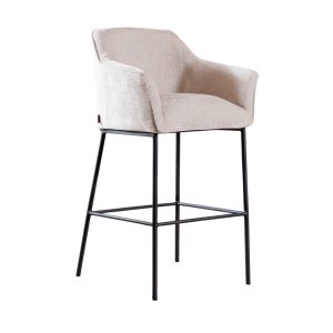 Barkruk Nubo in beige chenille met armleuningen en zwart metalen frame