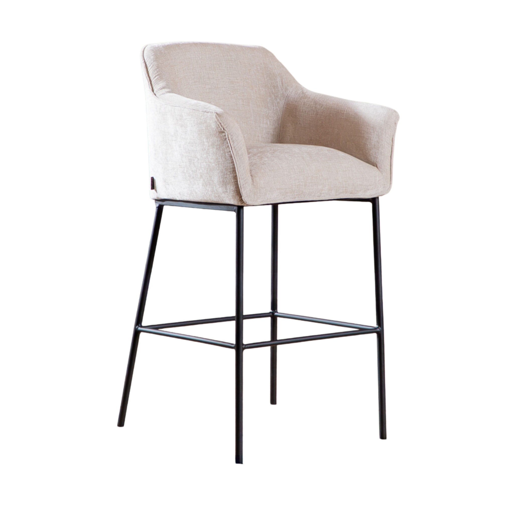 Barkruk Nubo in beige chenille met armleuningen en zwart metalen frame