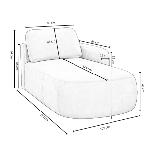 Afmetingen van de groene chaise longue Vienna: 107 cm breed, 170 cm diep en 84 cm hoog