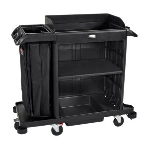 Zwarte Rubbermaid compacte housekeepingwagen met modulaire plank