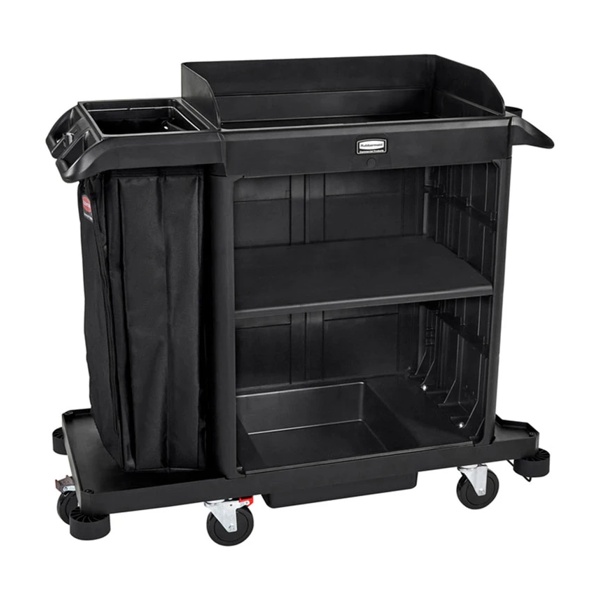 Zwarte Rubbermaid compacte housekeepingwagen met modulaire plank