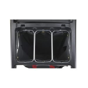 Rubbermaid drievoudige stalen afvalzakhouder gemonteerd ter illustratie