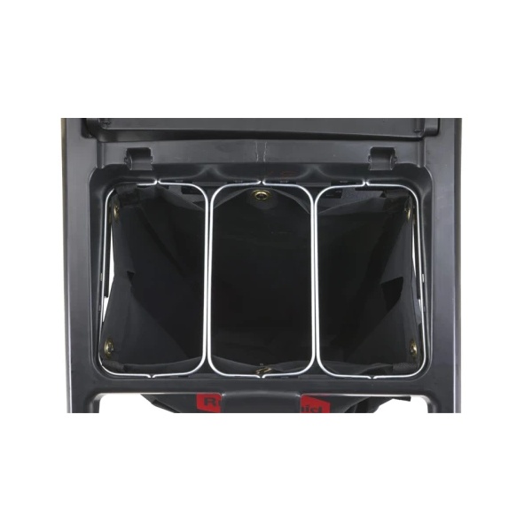 Rubbermaid drievoudige stalen afvalzakhouder gemonteerd ter illustratie