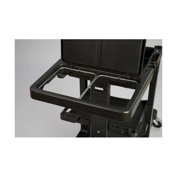 Rubbermaid dubbele stalen zakhouder gemonteerd op wagen ter illustratie