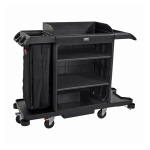 Zwarte Rubbermaid grote housekeepingwagen met twee verstelbare planken