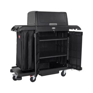Rubbermaid grote zwarte housekeepingwagen met afsluitbare kap en deuren