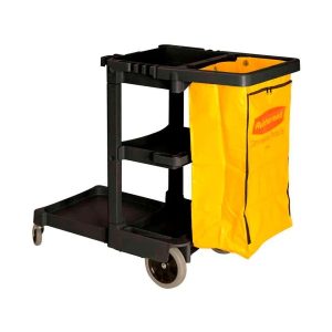 Rubbermaid zwarte schoonmaakkar met gele vinylzak van 92 liter