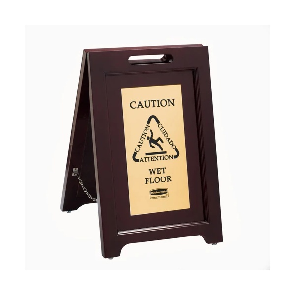 Rubbermaid houten tweezijdig waarschuwingsbord met goudkleurige Caution Wet Floor-opdruk